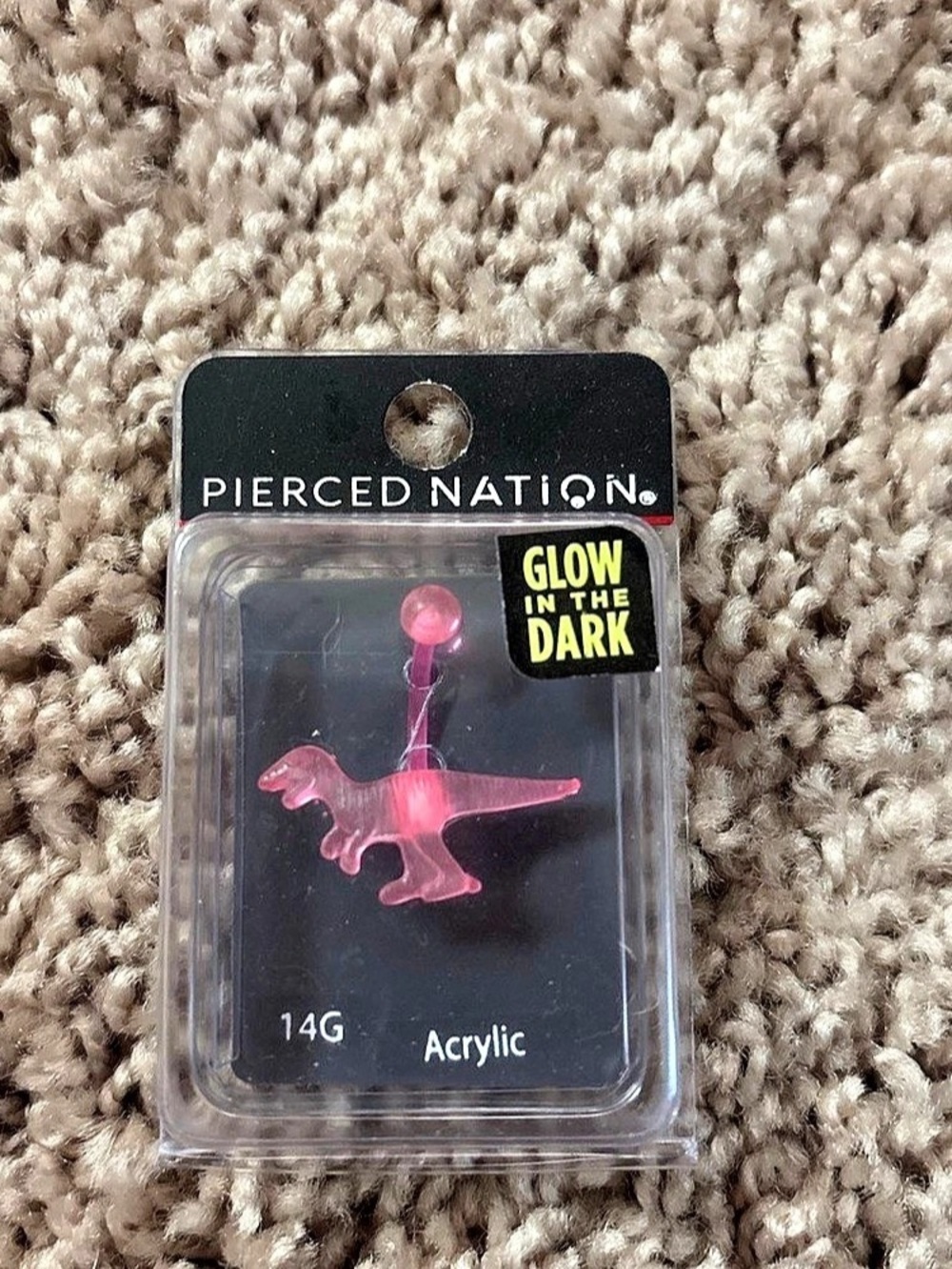 Pierced Nation PNK GID DINO Glow in the Dark Pink Dino 14G NWT